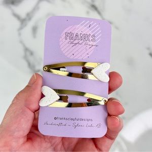 White Hearts Handmade Polymer Clay Hair Clips Set of Two